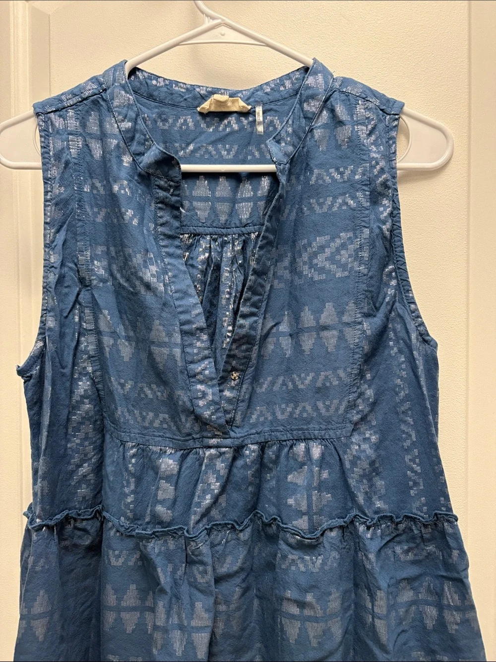 Elan Blue Metallic Burnout Tiered Boho Mini Dress Medium - Picture 3 of 7